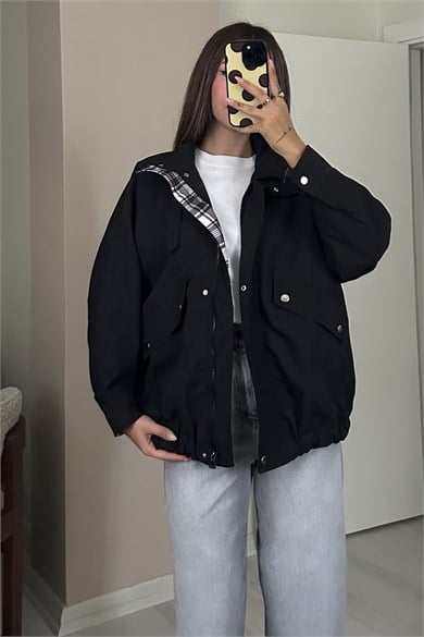 Kadın Ekose Detaylı Tokalı Dik Yaka Fermuarlı Oversize Parka Ceket - Siyah