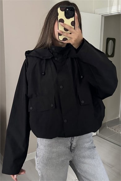 Kadın Kapüşonlu Pelerin Detaylı Oversize Parka Ceket