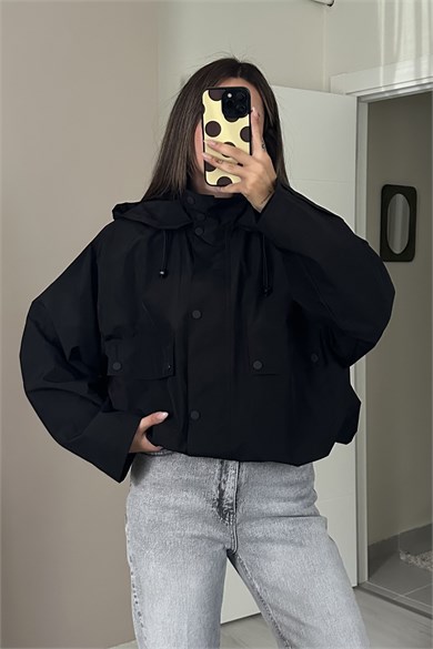 Kadın Kapüşonlu Pelerin Detaylı Oversize Parka Ceket