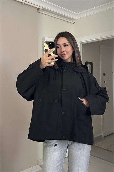 Kadın Kapüşonlu Pelerin Detaylı Oversize Parka Ceket