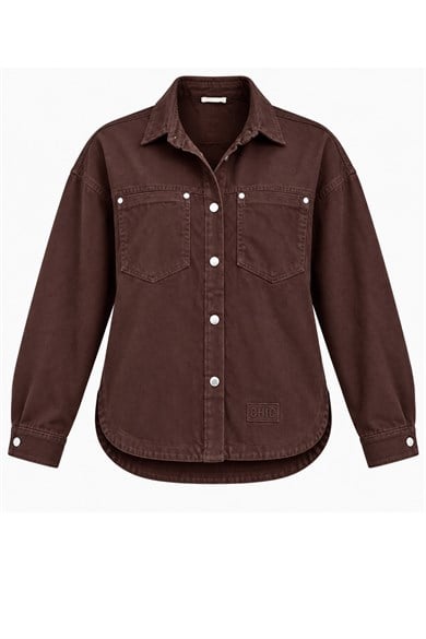 Kadın Oversize Kot Ceket Gömlek – Metal Çıtçıtlı Ve Çift Cepli Denim Ceket - Kahverengi