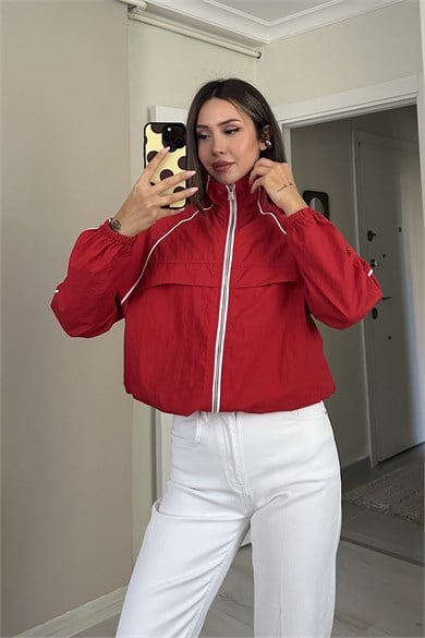 Kadın Kontrast Biye Detaylı Fermuarlı Dik Yaka Oversize Ceket