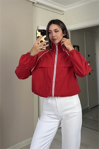 Kadın Kontrast Biye Detaylı Fermuarlı Dik Yaka Oversize Ceket