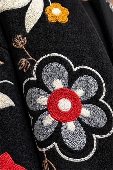Bohem Çiçek Nakışlı Şal Yaka Önü Açık Oversize Tasarım Ceket - Siyah