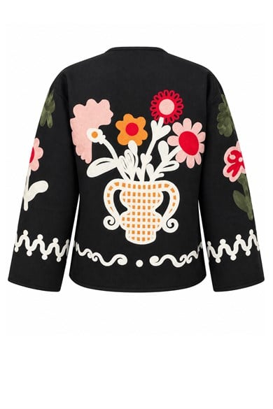 Kadın Floral Motif İşlemeli Bisiklet Yaka Cepli Tasarım Ceket - Siyah