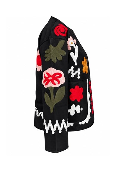Kadın Floral Motif İşlemeli Bisiklet Yaka Cepli Tasarım Ceket - Siyah