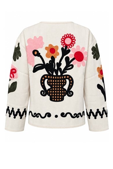 Kadın Floral Motif İşlemeli Bisiklet Yaka Cepli Tasarım Ceket - Bej