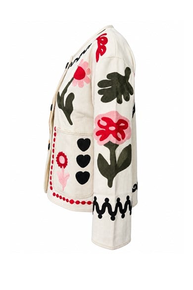 Kadın Floral Motif İşlemeli Bisiklet Yaka Cepli Tasarım Ceket - Bej
