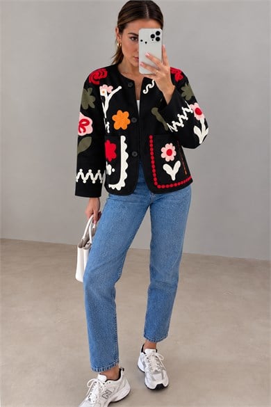 Kadın Floral Motif İşlemeli Bisiklet Yaka Cepli Tasarım Ceket - SiyahCeketİSTANGÜL BUTİK