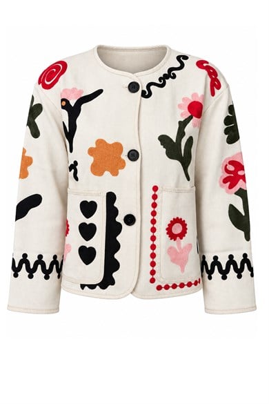 Kadın Floral Motif İşlemeli Bisiklet Yaka Cepli Tasarım Ceket - Bej