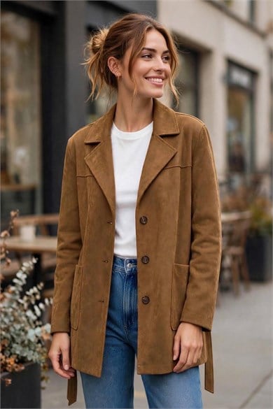 Kadın Süet Kuşaklı Uzun Blazer Ceket
