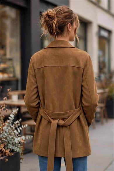 Kadın Süet Kuşaklı Uzun Blazer Ceket