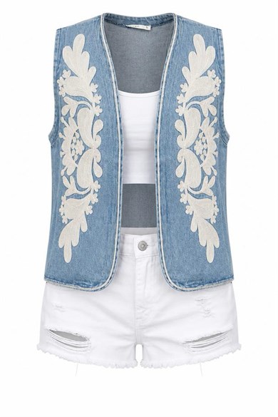 Alaçatı Kordon Nakışlı Açık Mavi Denim Yelek
