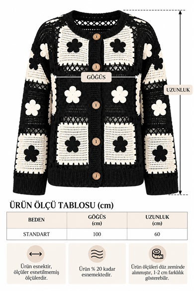 Kadın Çiçek Aplikeli Patchwork Kroşe Örgü Ahşap Düğmeli Hırka - Siyah
