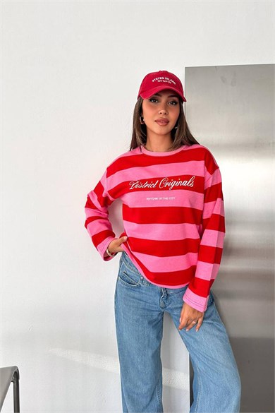 Kadın Kontrast Çizgili Yazı Detaylı Bisiklet Yaka İki İplik Sweatshirt - Kırmızı