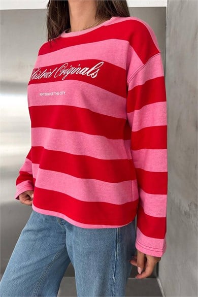 Kadın Kontrast Çizgili Yazı Detaylı Bisiklet Yaka İki İplik Sweatshirt - Kırmızı