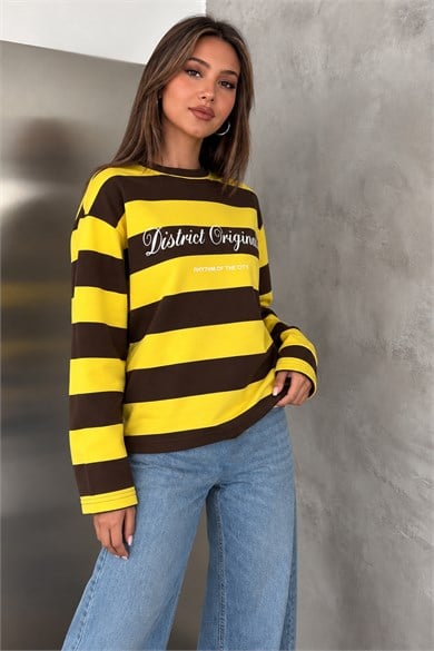 Kadın Kontrast Çizgili Yazı Detaylı Bisiklet Yaka İki İplik Sweatshirt - Sarı