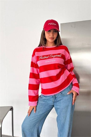 Kadın Kontrast Çizgili Yazı Detaylı Bisiklet Yaka İki İplik Sweatshirt - Kırmızı