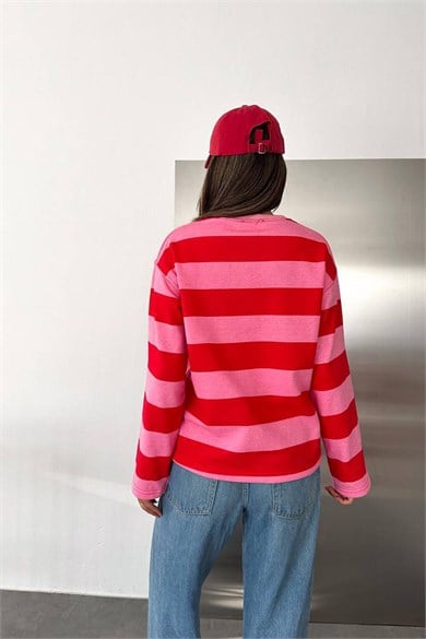 Kadın Kontrast Çizgili Yazı Detaylı Bisiklet Yaka İki İplik Sweatshirt - Kırmızı