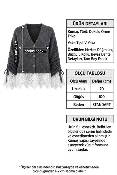 Dantel Detaylı Büzgü Kollu Triko Hırka – Etek Ucu Dantelli V Yaka Hırka - Vizon