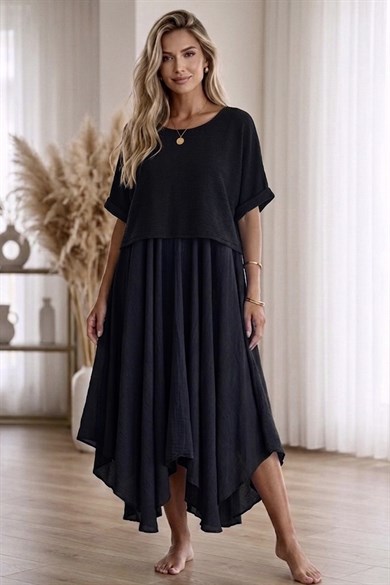 Bodrum Stil %100 Pamuk İtalyan Salaş Elbise – Oversize Katlı Rahat Yazlık Elbise