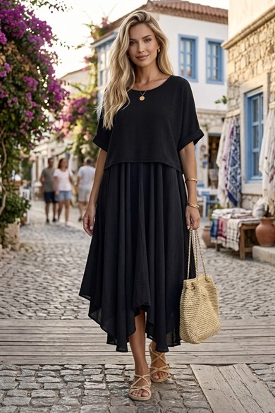 Bodrum Stil %100 Pamuk İtalyan Salaş Elbise – Oversize Katlı Rahat Yazlık Elbise