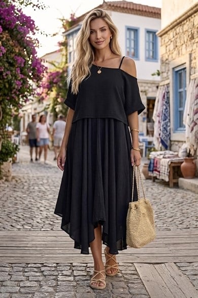Bodrum Stil %100 Pamuk İtalyan Salaş Elbise – Oversize Katlı Rahat Yazlık Elbise