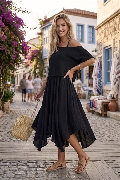 Bodrum Stil %100 Pamuk İtalyan Salaş Elbise – Oversize Katlı Rahat Yazlık Elbise