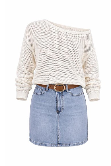 Kemer Hediyeli Yüksek Bel Denim Mini Etek – Açık Yıkama Kot Etek