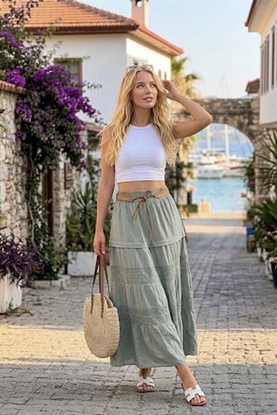 Kadın Bodrum %100 Pamuk Astarlı Kemerli Uzun Etek İtalyan Üretimi