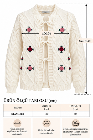 Kadın Gül Nakışlı Saç Örgü ve Baklava Desenli Üç Bağcıklı Triko Hırka