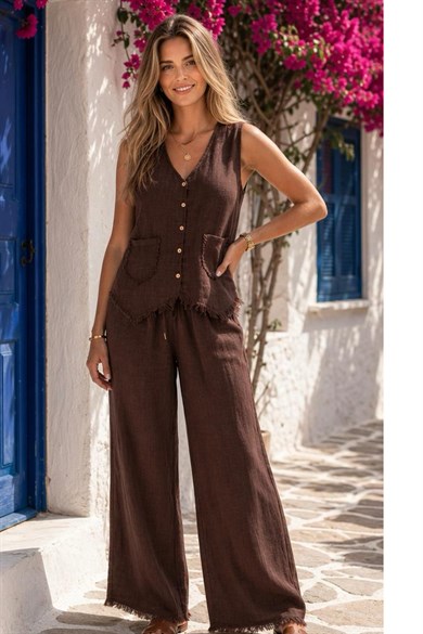Datça Premium Keten Yelek Pantolon Takım – Rahat Kalıp Yaz Kombini