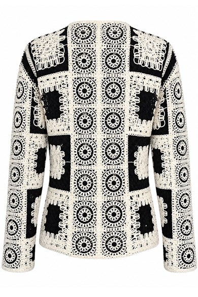 Premium Tasarım Siyah Krem El İşi Görünümlü Patchwork Kroşe Hırka