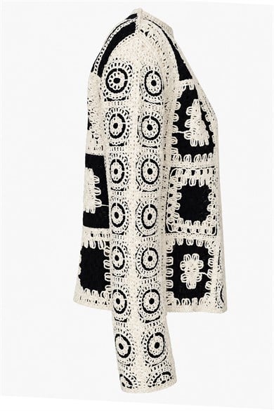 Premium Tasarım Siyah Krem El İşi Görünümlü Patchwork Kroşe Hırka