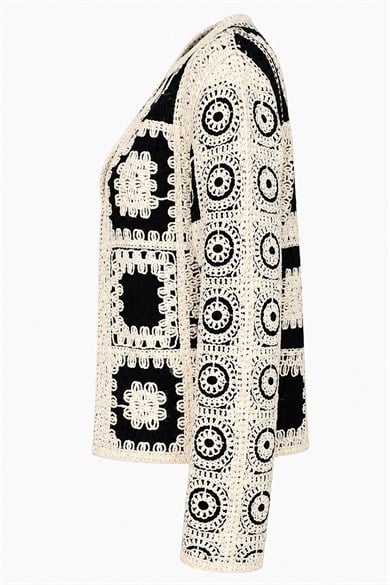 Premium Tasarım Siyah Krem El İşi Görünümlü Patchwork Kroşe Hırka