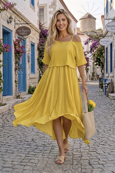 Bodrum Stil %100 Pamuk İtalyan Salaş Elbise – Oversize Katlı Rahat Yazlık Elbise