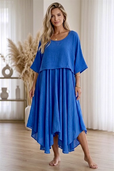 Bodrum Stil %100 Pamuk İtalyan Salaş Elbise – Oversize Katlı Rahat Yazlık Elbise