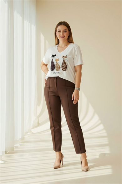 Elegance Brown Yüksek Bel Kumaş Pantolon Kombin