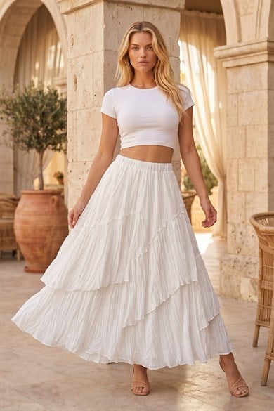İstangül Premium Kat Kat Volanlı Bürümcük Dokulu Lastikli Bel Bohem Stil Kadın Maxi Etekİstangül Premium Kat Kat Volanlı Bürümcük Dokulu Lastikli Bel Bohem Stil Kadın Maxi EtekEtek ve ŞortİSTANGÜL BUTİK