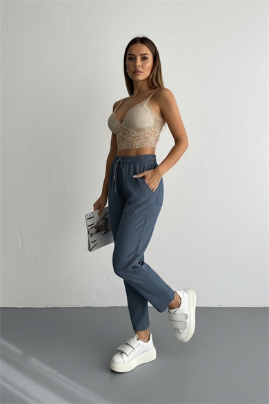 Paça File ve Düğme Detay Keten Pantolon