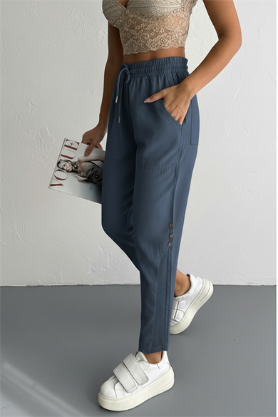 Paça File ve Düğme Detay Keten Pantolon