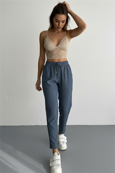 Paça File ve Düğme Detay Keten Pantolon