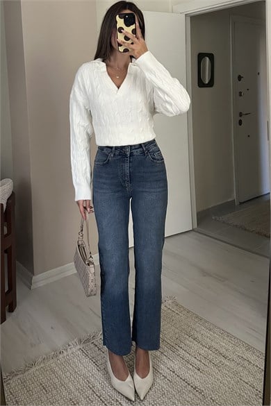 Kadın Yüksek Bel Likralı Push Up Straight Jean Pantolon - Mavi 