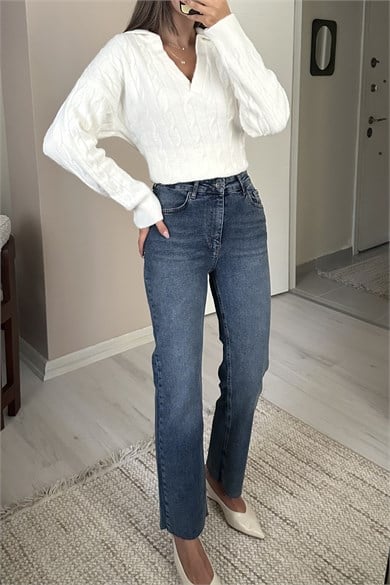 Kadın Yüksek Bel Likralı Push Up Straight Jean Pantolon - Mavi 