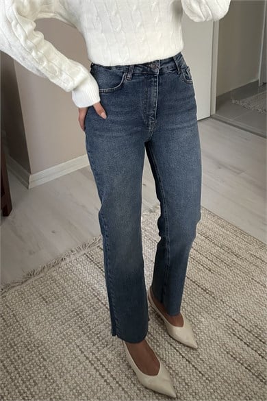 Kadın Yüksek Bel Likralı Push Up Straight Jean Pantolon - Mavi 