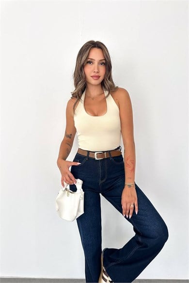 Kadın Yüksek Bel Kemerli Likralı Wide Leg Jean Pantolon – Lacivert