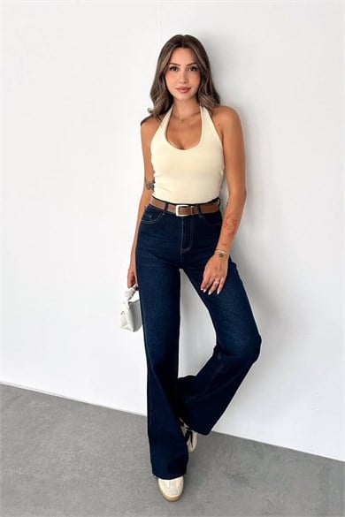 Kadın Yüksek Bel Kemerli Likralı Wide Leg Jean Pantolon – LacivertJeanİSTANGÜL BUTİK