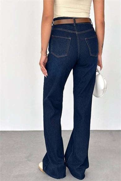 Kadın Yüksek Bel Kemerli Likralı Wide Leg Jean Pantolon – Lacivert
