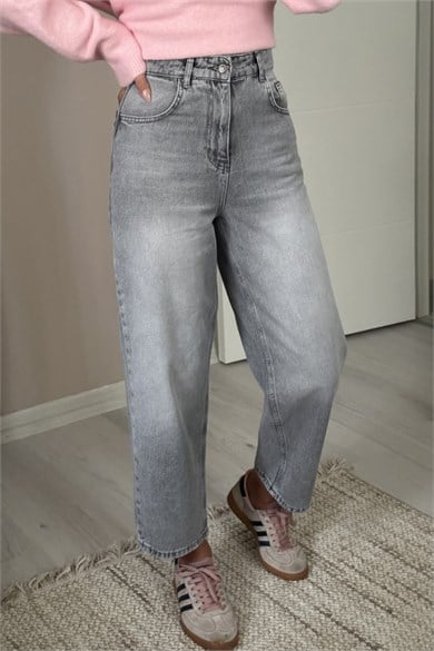 Kadın Yüksek Bel Vintage Yıkamalı Skater Gri Jean Pantolon