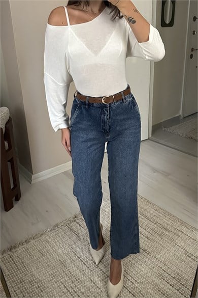 Kadın Kemer Dahil Yüksek Bel Straight Leg Jean Pantolon - Mavi